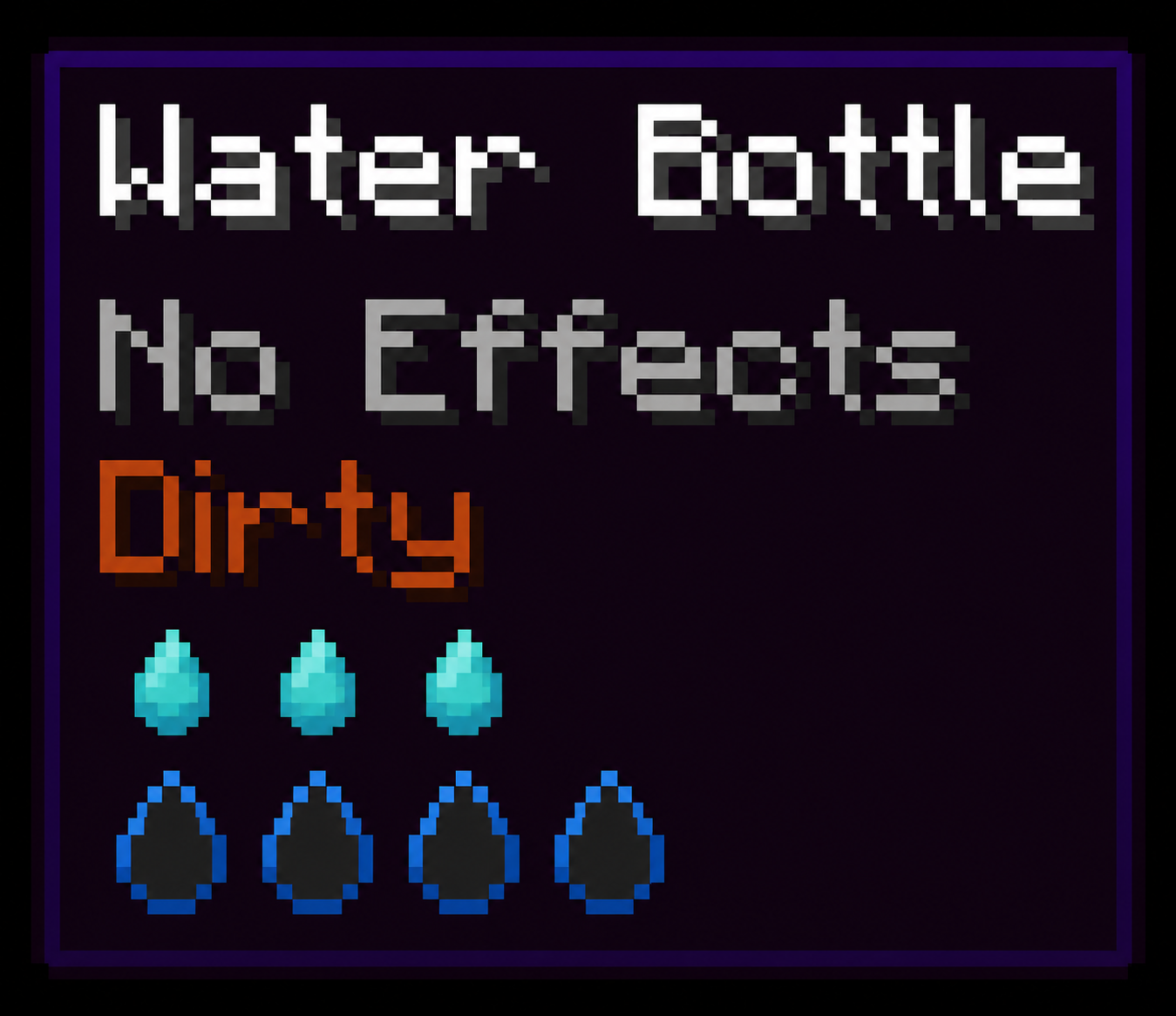 A dirty water bottle tooltip showing hydration and quenched droplets