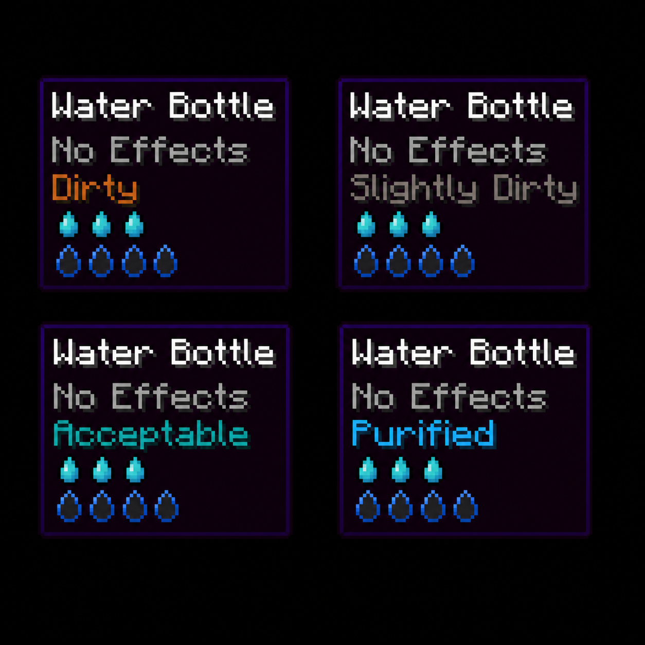 Item tooltips reading Dirty, Slightly Dirty, Acceptable and Purified